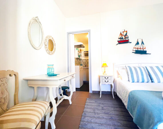 Blue studio with a fully equipped kitchenette.